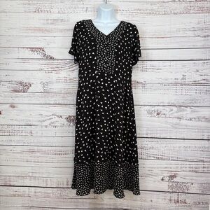 Talbots Black Floral V Neck Short Sleeve Midi Dress